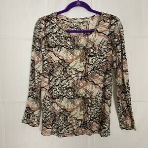 Daisy Fuentes Graphic Long Sleeve Top Bone Combo L Cotton Women's Trendy Tee